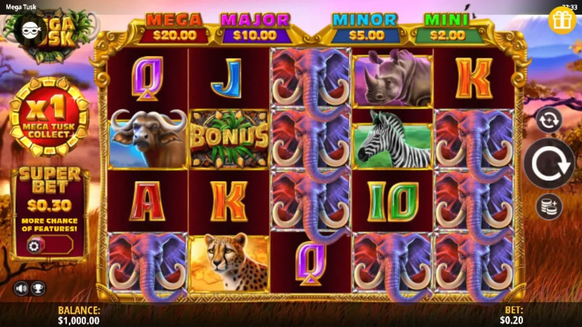 Tampilan visual slot Mega Tusk dengan latar belakang savana Afrika yang indah